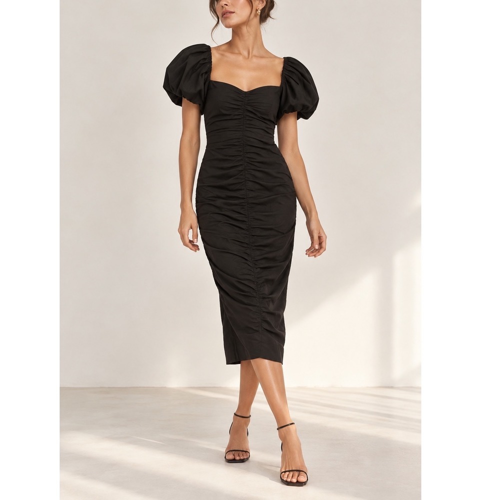 RHODE Tessa Dress Women's 4 Black Ruched Midi Puff Sleeve Romantic Feminine